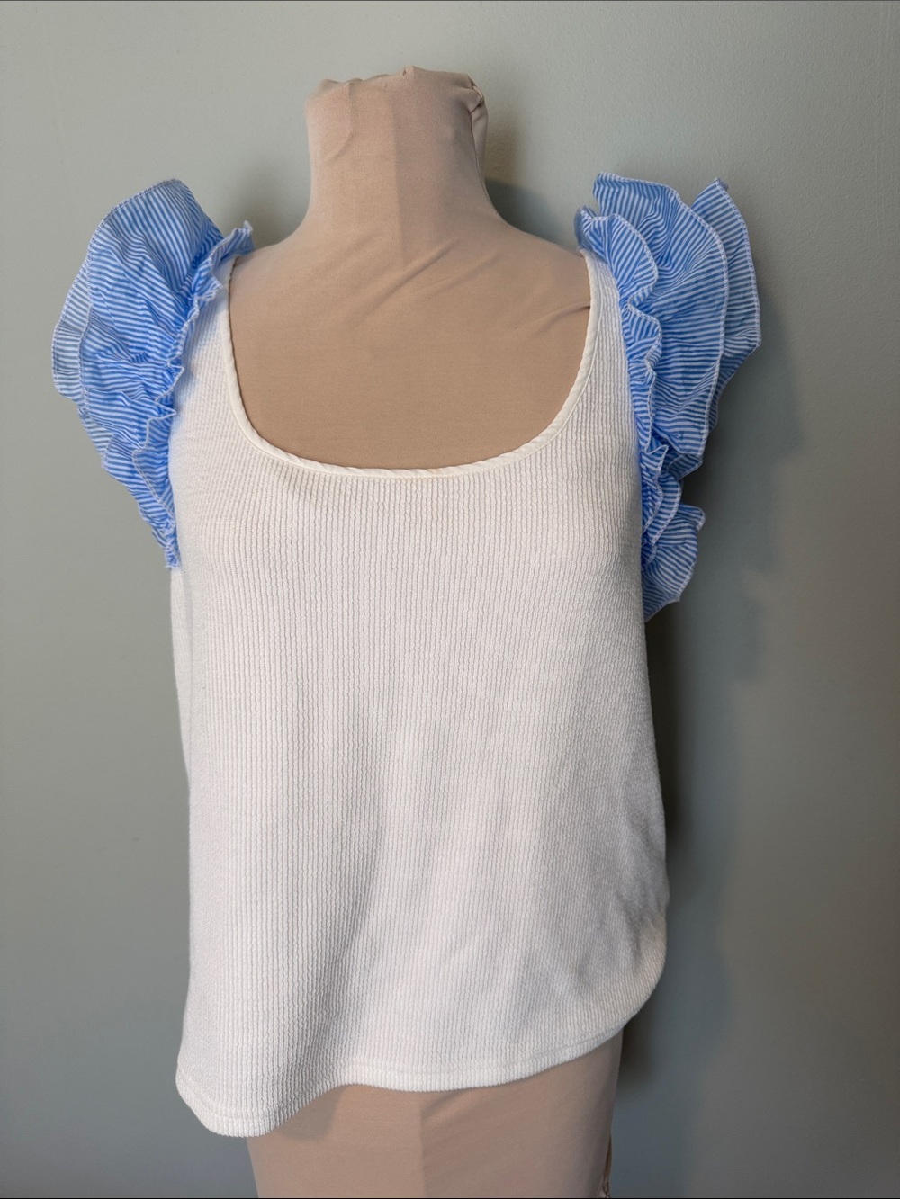 THML White Knit Tank with Blue Ruffled Striped Sleeves